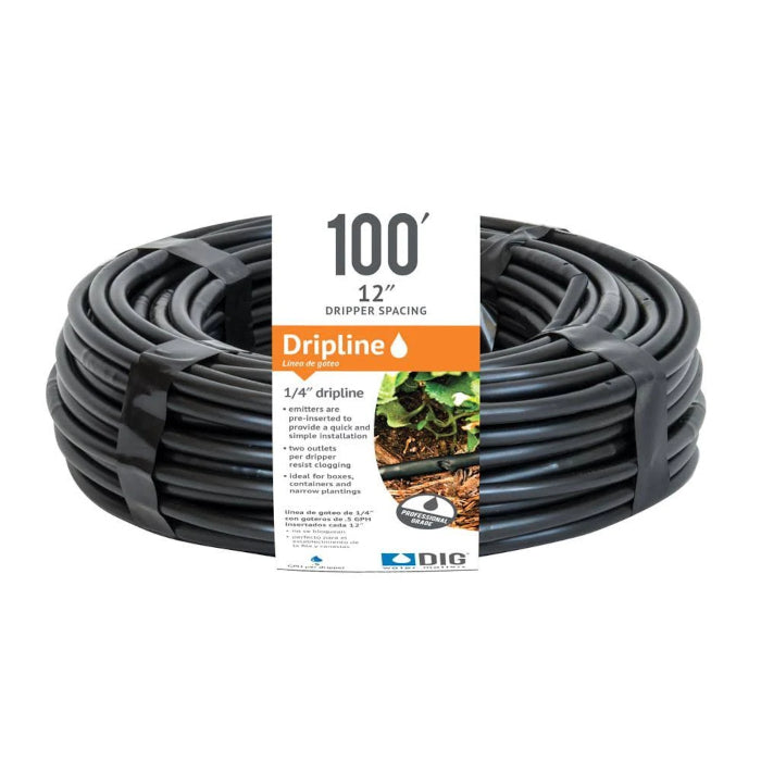 DIG Micro-Line 1/4 Inch Non Pressure Compensating Dripline, 12 Inch Emitter Spacing, 0.52 GPH, Black - 100 Feet - Pack of 9