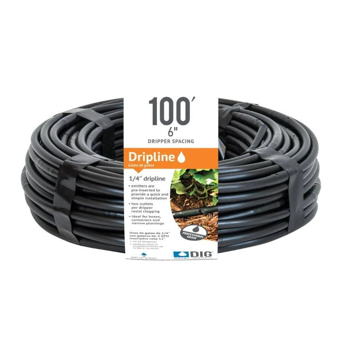 DIG Micro-Line 1/4 Inch Non Pressure Compensating Dripline, 6 Inch Emitter Spacing, 0.52 GPH, Black - 100 Feet - Pack of 7