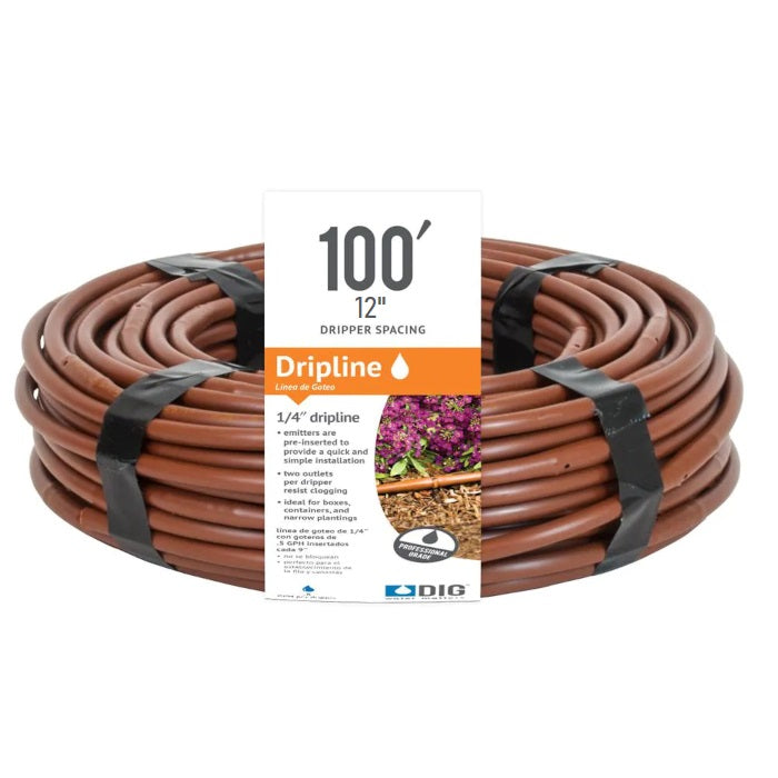DIG Micro-Line 1/4 Inch Non Pressure Compensating Dripline, 12 Inch Emitter Spacing, 0.52 GPH, Brown - 100 Feet - Pack of 9