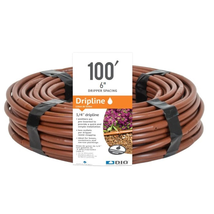 DIG Micro-Line 1/4 Inch Non Pressure Compensating Dripline, 6 Inch Emitter Spacing, 0.52 GPH, Brown - 100 Feet - Pack of 6