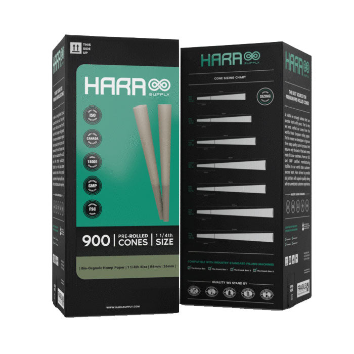 Hara Supply 1-1/4" Size 84mm/26mm Bio Organic Hemp Pre-Rolled Cones, Case of 6 Towers, 5400 Cones