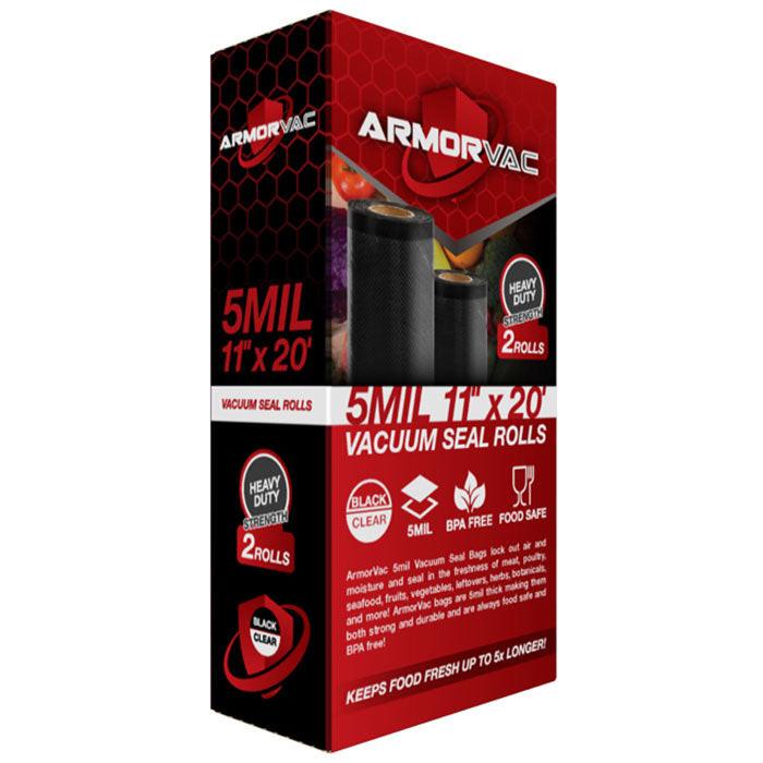 ArmorVac Pre-Cut Vacuum Seal Storage Bags, 5 mil 11 Inch x 20 Feet, Black & Clear - 2 Rolls