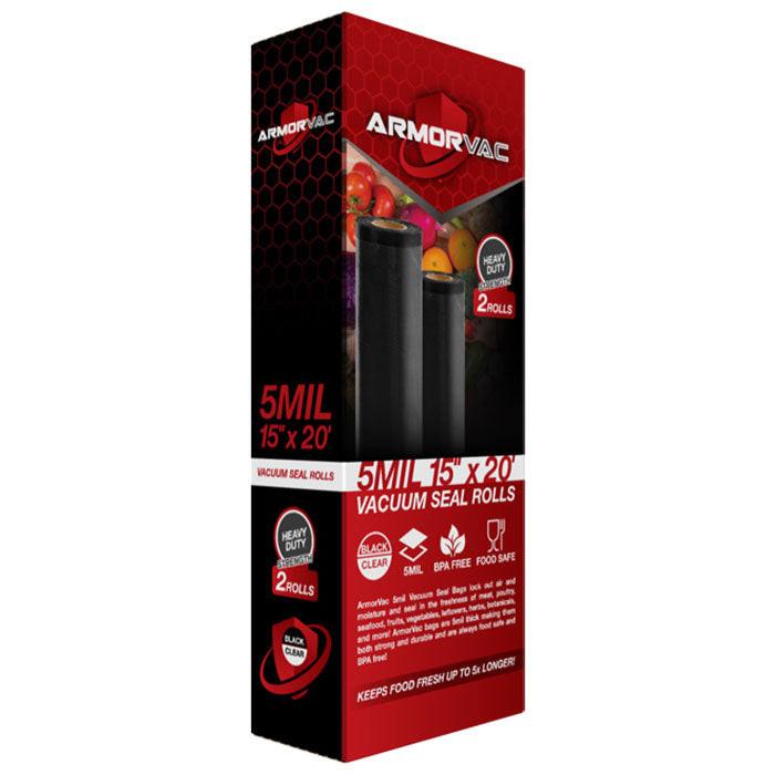 ArmorVac Pre-Cut Vacuum Seal Storage Bags, 5 mil 15 Inch x 20 Feet, Black & Clear - 2 Rolls