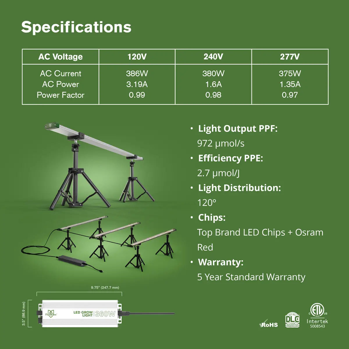FloraFlex 3-Bar 360 Watt Full-Spectrum Under-Canopy LED Grow Light, 277 Volt