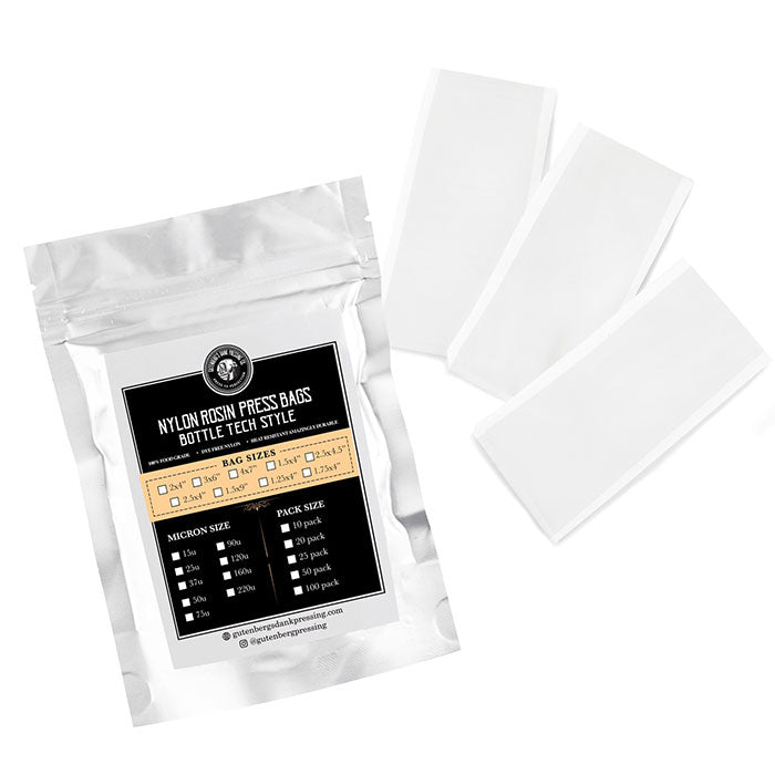 Gutenbergs Dank Pressing Co. 2" x 4" Bottle Tech Style Rosin Bag, 120 Micron - Pack of 10