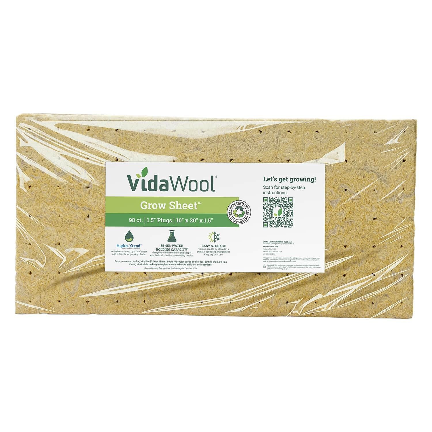 VidaWool Grow Sheet, 1.5" Plug, 98/Sheet, Wrapped, Case of 28 Sheets