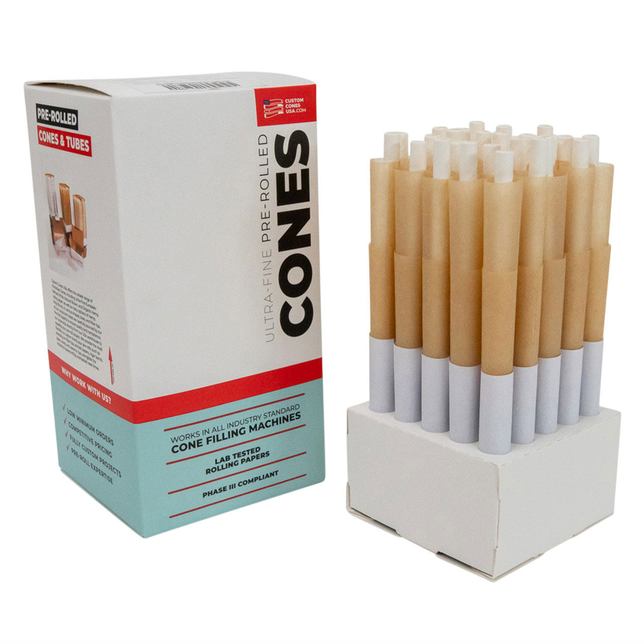 Custom Cones USA 109mm Pre-Rolled Cones, Natural Brown Paper with Glass Tip - Case of 50