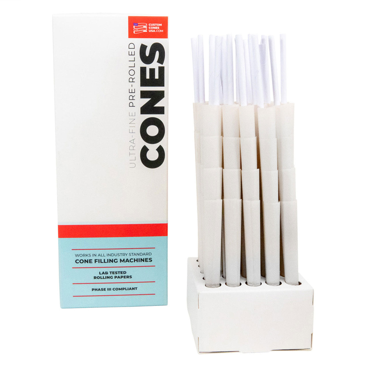 Custom Cones USA 109mm Pre-Rolled Cones, White Paper with Wood Tip - Case of 50