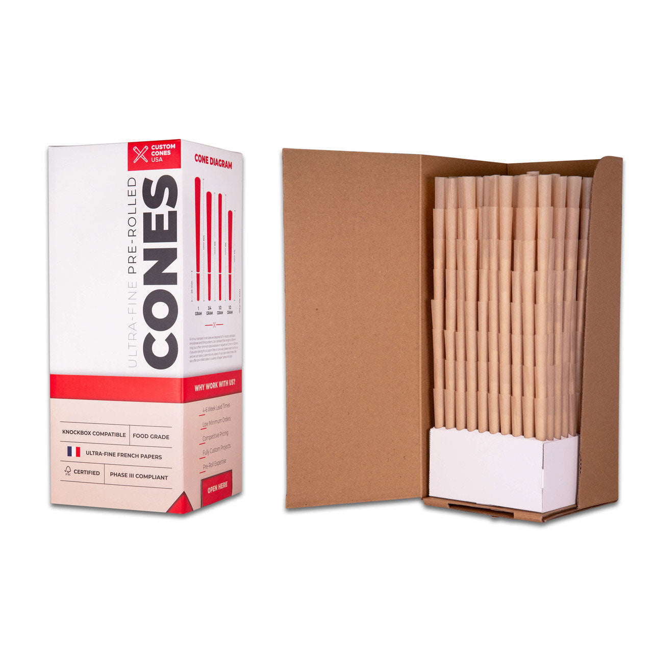 Custom Cones USA 109mm 1.3 Gram Pre-Rolled Cones, Natural Brown Paper with Unbranded 21mm Crutch - Case of 1000