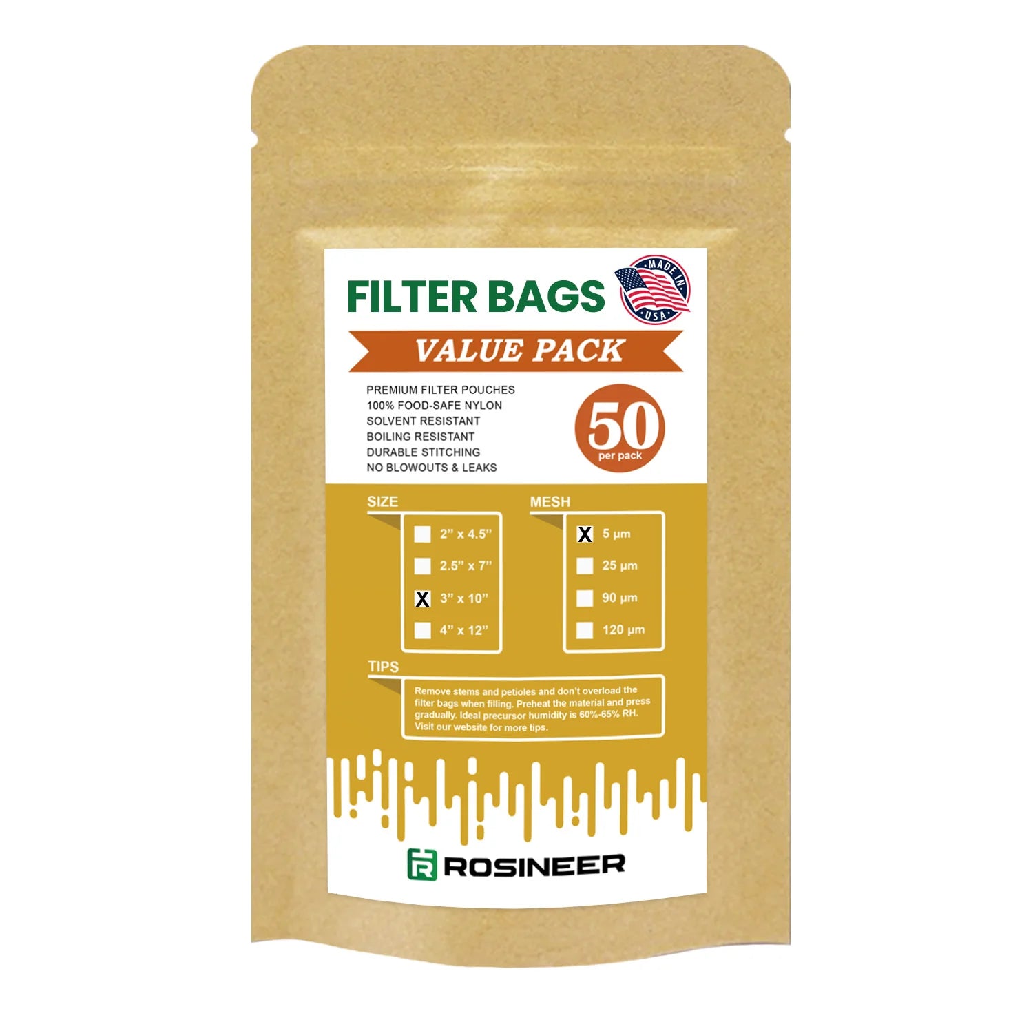 Rosineer Premium Rosin Filter Bags, 3" x 10", Pack of 50