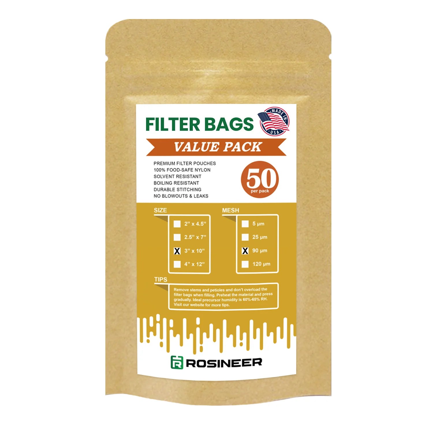 Rosineer Premium Rosin Filter Bags, 3" x 10", Pack of 50