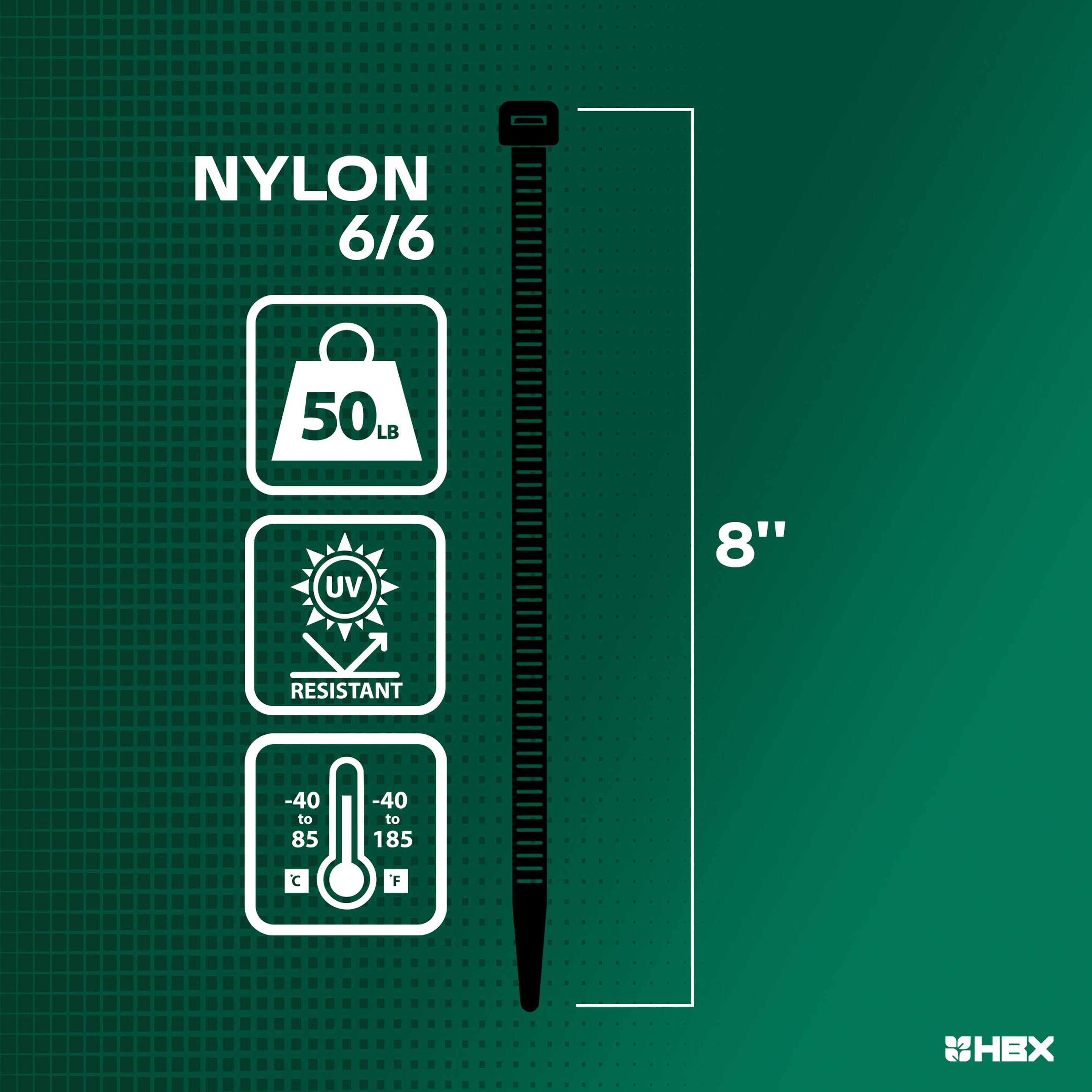 HBX Multiuse Cable Tie 8 Inch, Nylon 6/6, 50 lb. Capacity - Pack of 1,000