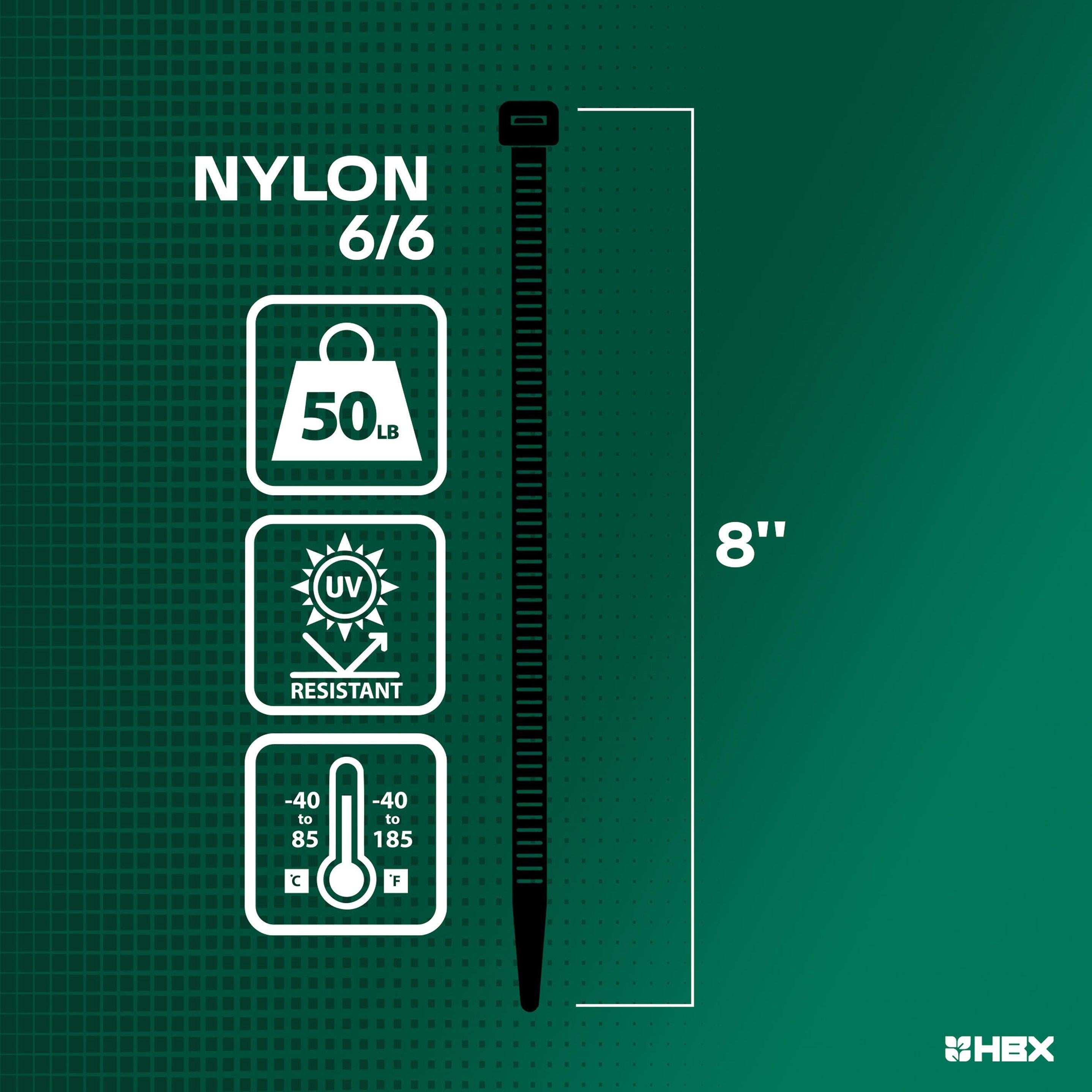 HBX Multiuse Cable Tie 8 Inch, Nylon 6/6, 50 lb. Capacity - Pack of 1,000