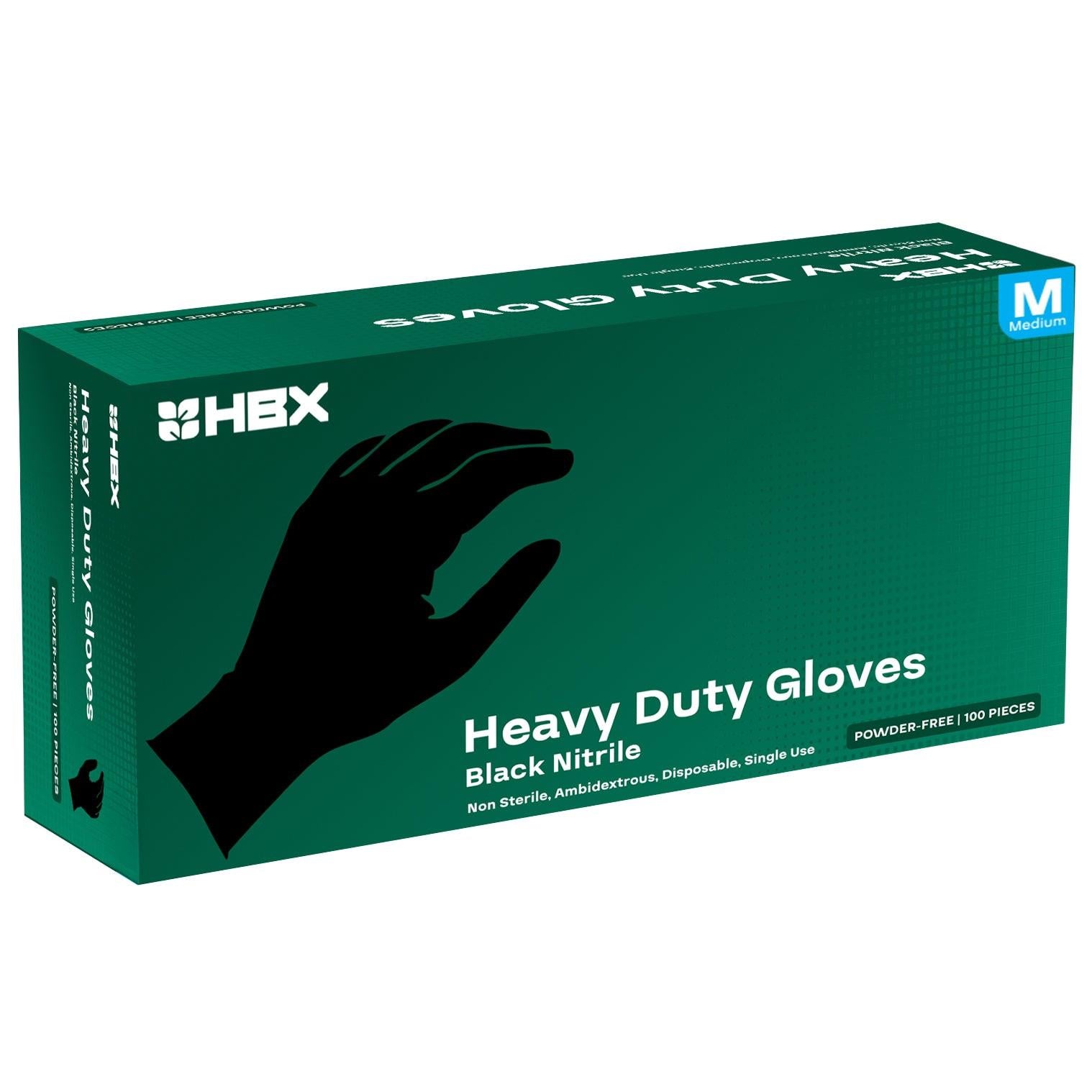HBX Heavy Duty Premium Black Nitrile Gloves, Medium, Box of 100