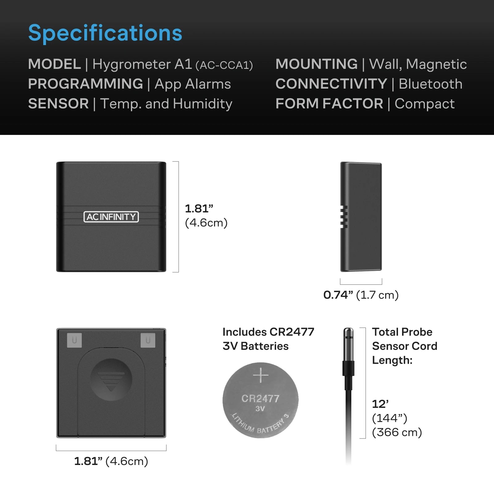 AC Infinity A1 Mini Smart Thermo-Hygrometer, 12 ft. Sensor Probe