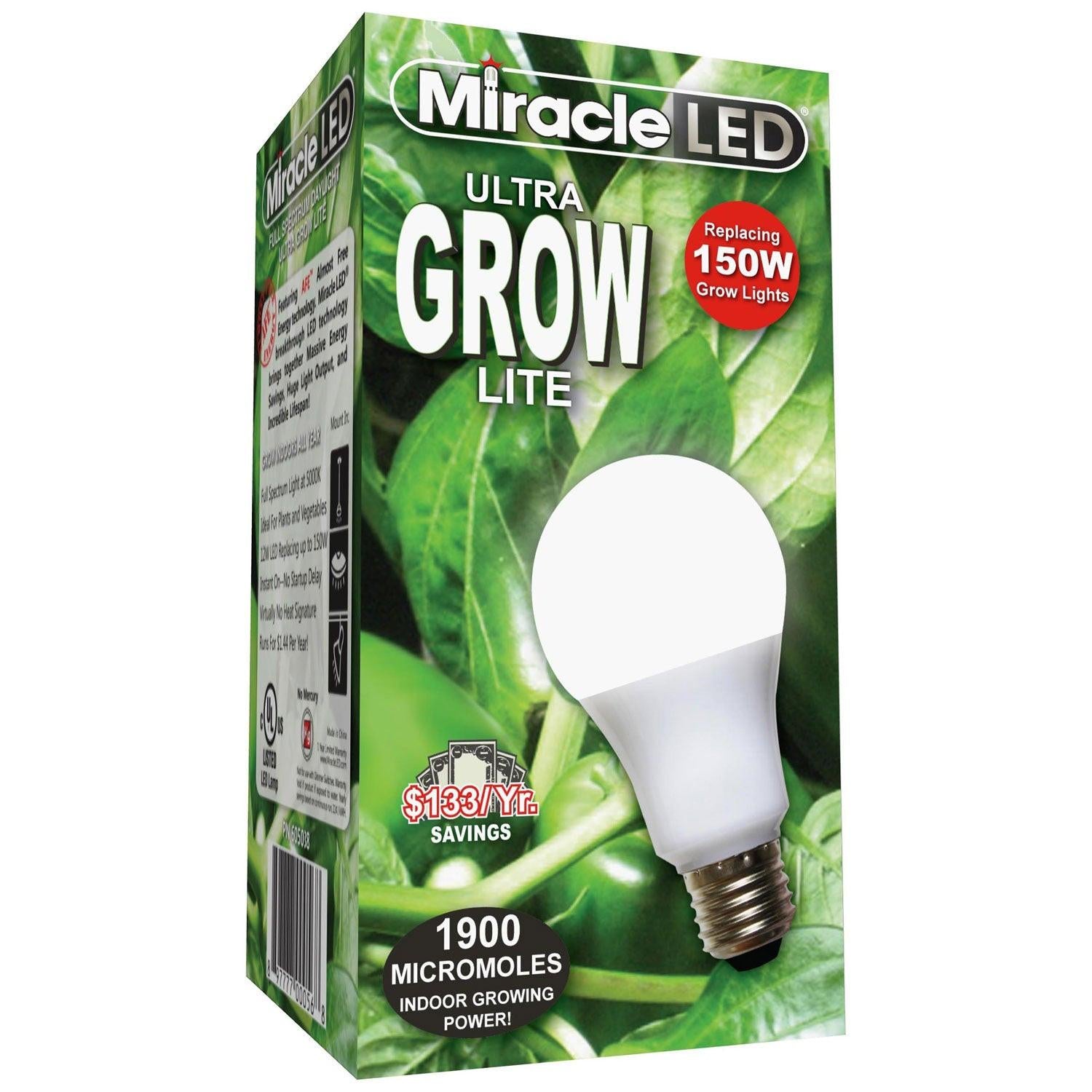 MiracleLED 12 Watt (150 Watt Equivalent) Commercial Daylight Full Spectrum Hydroponic Ultra LED Grow Light Bulb, 5,000K.
