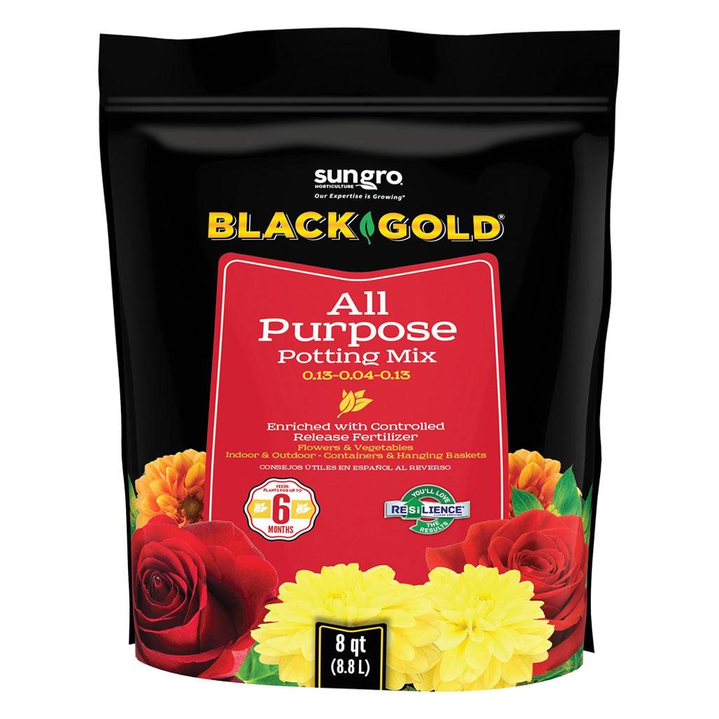 SunGro Horticulture Black Gold All Purpose Potting Mix with RESiLIENCE, 8 Quart - Case of 8.