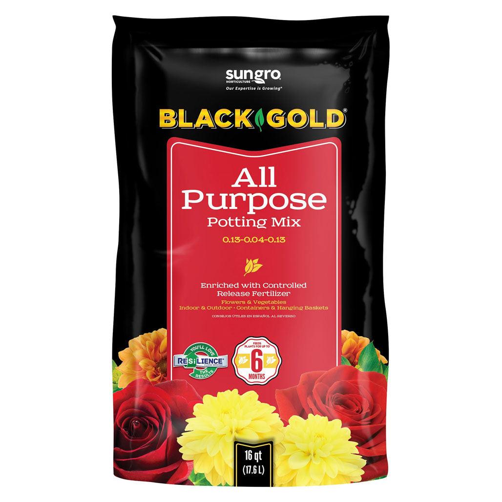 SunGro Horticulture Black Gold All Purpose Potting Mix with RESiLIENCE, 16 Quart - Case of 4.