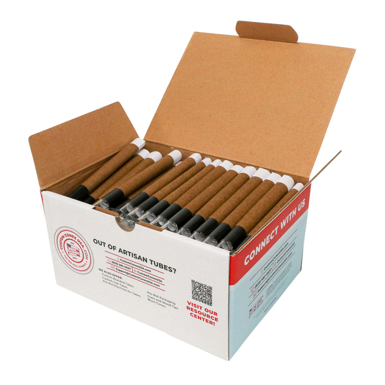Custom Cones USA 109mm Pre-Rolled Tubes, Brown Hybrid Hemp Wrap with 11mm Wide Cylinder Glass Tip - Case of 100