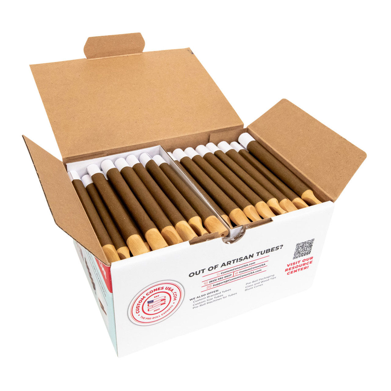 Custom Cones USA 109mm Pre-Rolled Tubes, Brown Hemp Wrap with 11mm Wide Vanilla Wood Tip - Case of 100