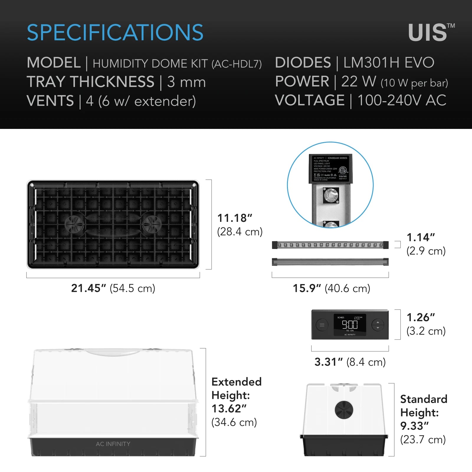 AC Infinity Germination Kit with Humidity Dome and LED Grow Light Bars, 6x12 Cell Tray (72 Site)