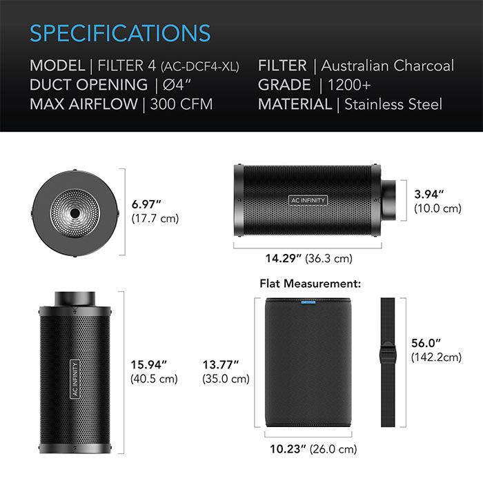 AC Infinity XL Australian Charcoal Duct Carbon Filter, 4" x 16" - 300 CFM
