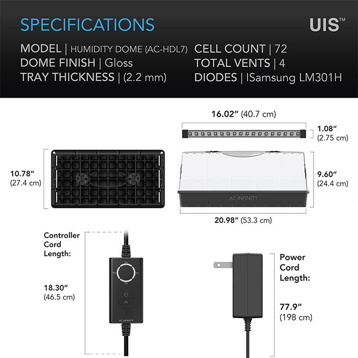 AC Infinity Germination Kit with Humidity Dome and LED Grow Light Bars, 6x12 Cell Tray (72 Site)