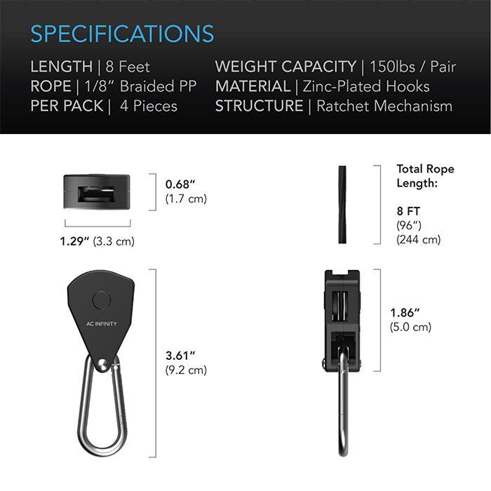 AC Infinity Heavy-Duty Adjustable Rope Clip Hanger, 2 Pairs