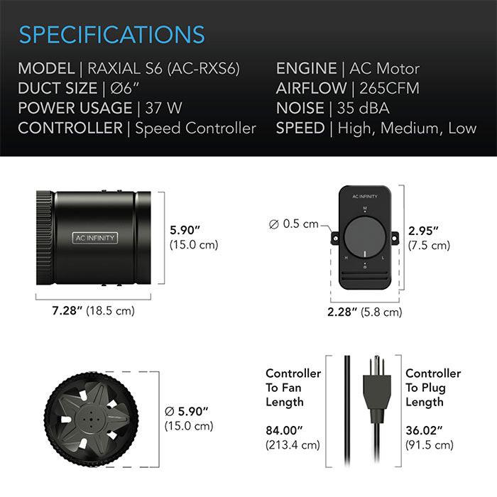 AC Infinity Raxial S6 Inline Booster Duct Fan with Speed Controller, 6"