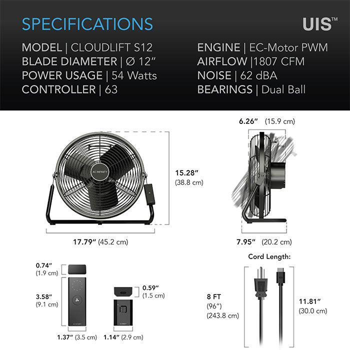 AC Infinity CLOUDLIFT S12 Floor/Wall Fan with Wireless Controller, 12"