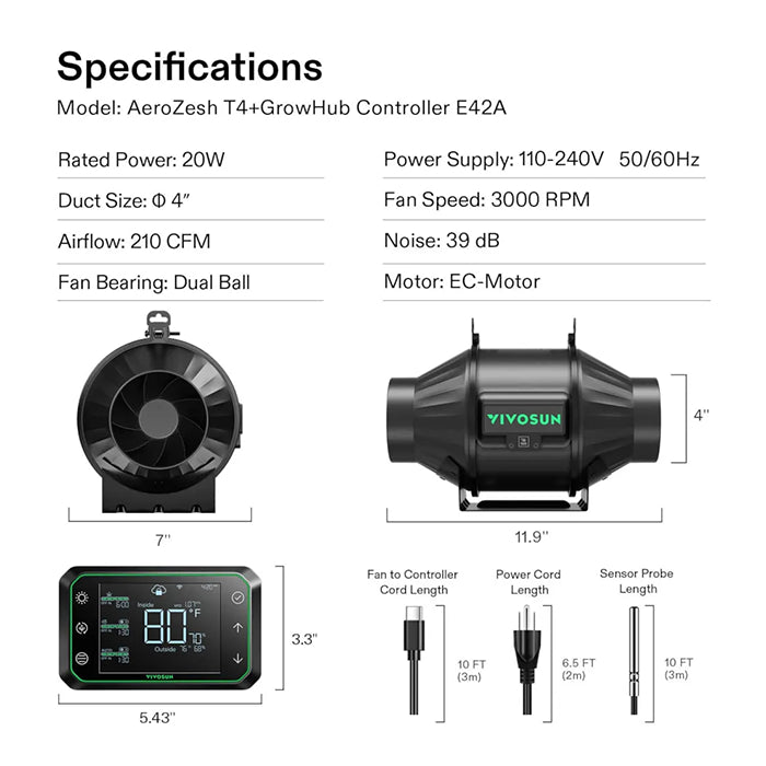 Vivosun AeroZesh T Series Inline Fan with E42A Controller