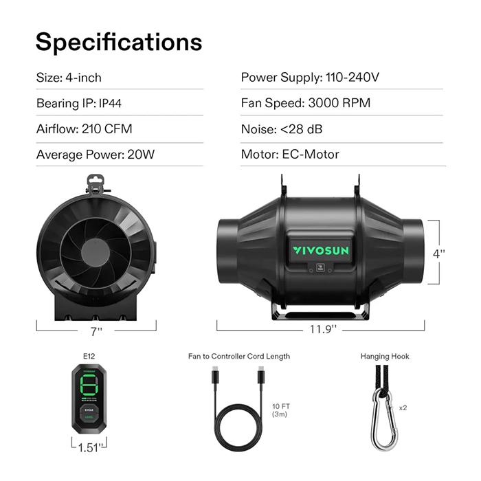 Vivosun AeroZesh T4 4" Inline Fan with E12 Speed Controller