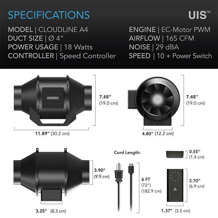 AC Infinity 4" Cloudline A4 Quiet Inline Fan with Speed Controller, 165 CFM