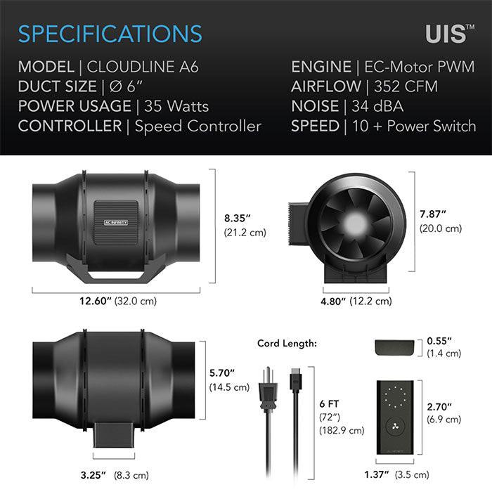 AC Infinity 6" Cloudline A6 Quiet Inline Fan with Speed Controller, 352 CFM
