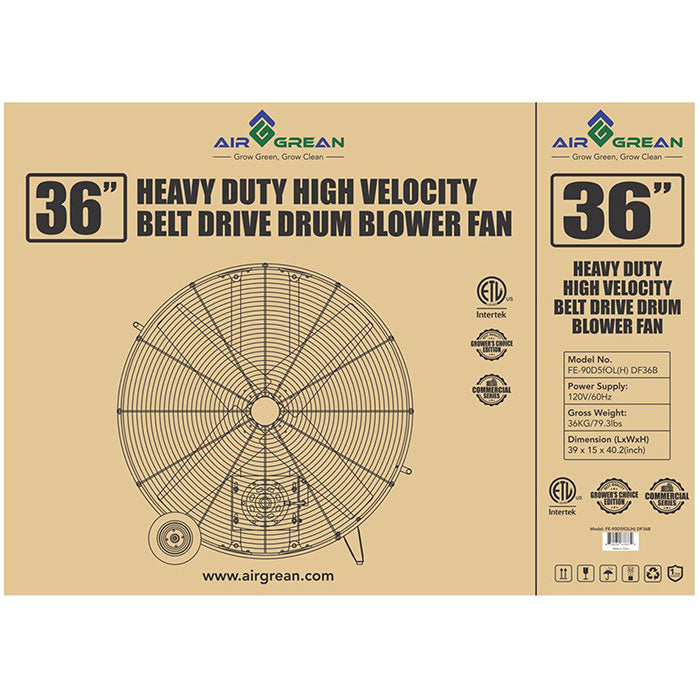 AirGrean Heavy Duty High Velocity Belt Drive Drum Fan, 36 Inch
