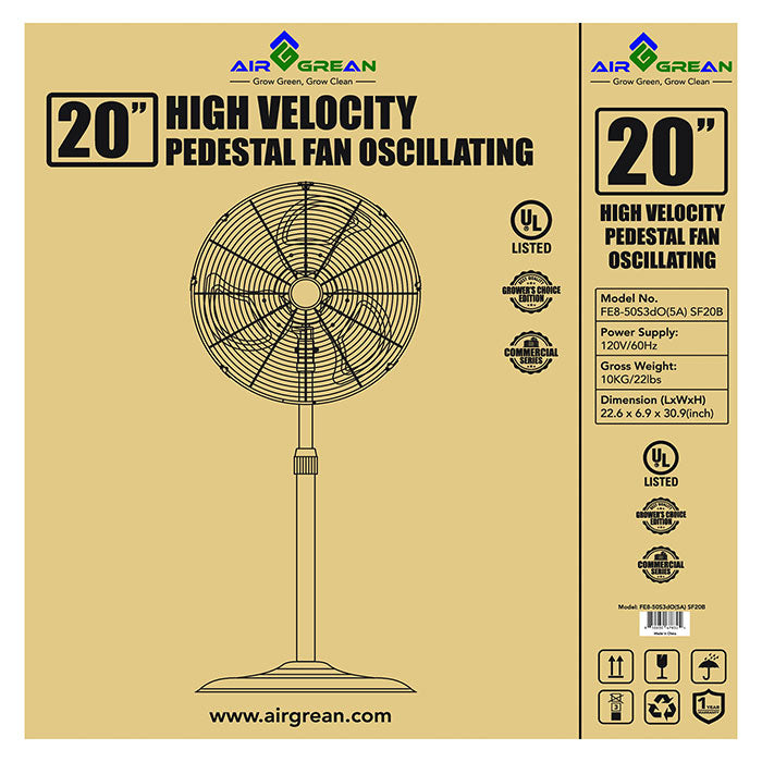 AirGrean High Velocity Oscillating Pedestal Fan, 20 Inch