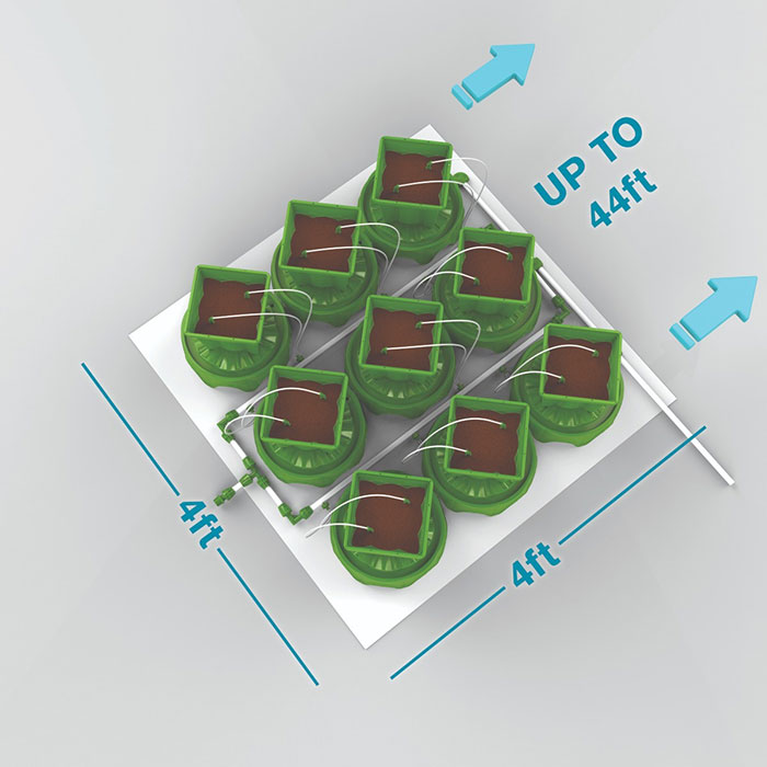 FloraFlex Micro Drip Irrigation Bundle, 9 Plants per 4'x4', 2 Gallon PotPro & Drainage Platform, 4' x 28'