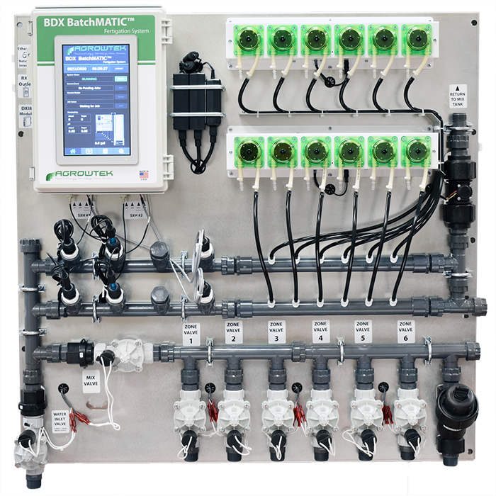 Agrowtek GrowControl BDX BatchMatic 6-Zone/6 Peristaltic Pump Fertigation System With Dual Temperature, pH, EC Sensors, & WiFi Connectivity