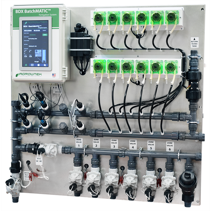 Agrowtek GrowControl BDX BatchMatic 6-Zone/12 Peristaltic Pump Fertigation System With Dual Temperature, pH, EC Sensors, & Single ORP Sensor