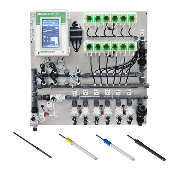 Agrowtek GrowControl BDX BatchMatic 6-Zone/5 Peristaltic Pump Fertigation System With Temperature, pH, EC, & ORP Sensors
