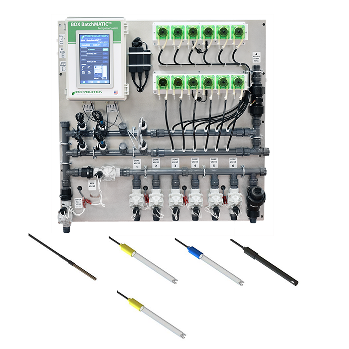 Agrowtek GrowControl BDX BatchMatic 6-Zone/5 Peristaltic Pump Fertigation System With Temperature, pH, EC, & Dual ORP Sensors