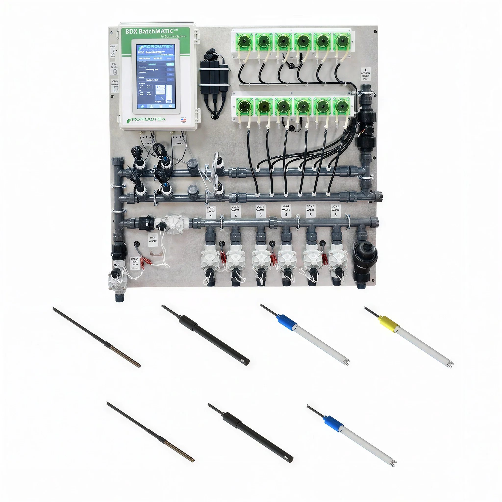 Agrowtek GrowControl BDX BatchMatic 6-Zone/10 Peristaltic Pump Fertigation System With Dual Temperature, pH, & EC Sensors & Single ORP Sensor
