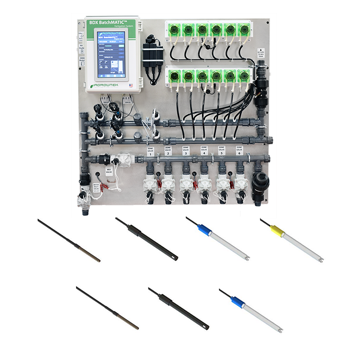Agrowtek GrowControl BDX BatchMatic 6-Zone/5 Peristaltic Pump Fertigation System With Dual Temperature, pH, & EC Sensors & Single ORP Sensor