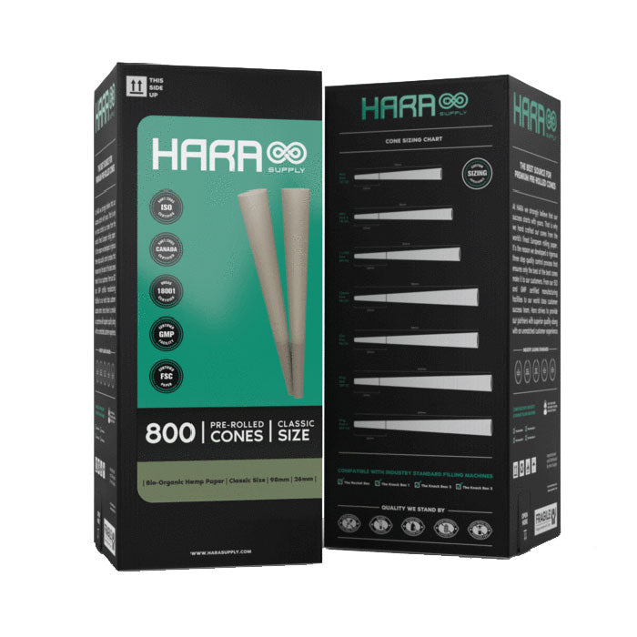 Hara Supply Classic Size 98mm/26mm Bio Organic Hemp Pre-Rolled Cones, Case of 6 Towers, 4800 Cones