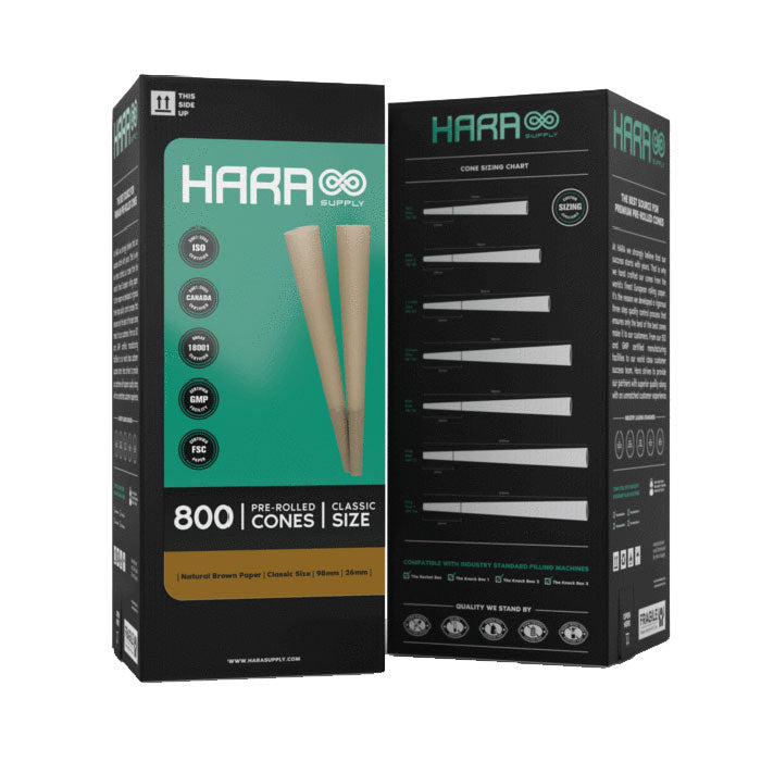 Hara Supply Classic Size 98mm/26mm Natural Brown Pre-Rolled Cones, Case of 6 Towers, 4800 Cones