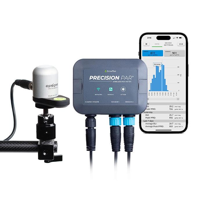 GrowFlux Precision Wireless PAR & DLI Meter, 2 Apogee PAR Sensors
