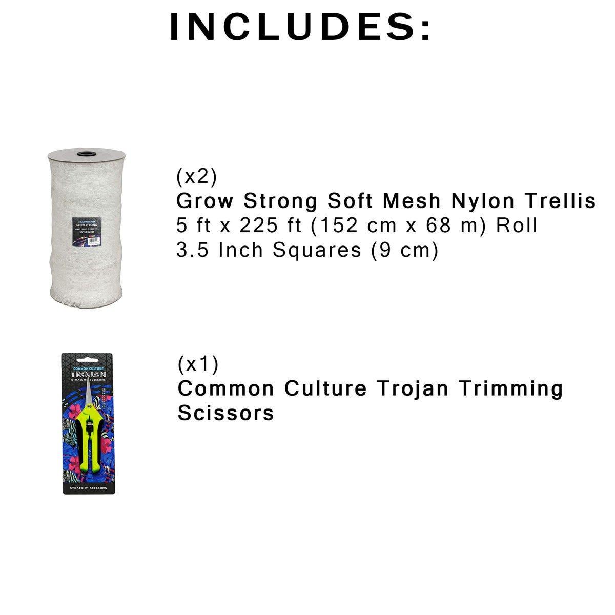 Common Culture Soft Mesh Nylon Trellis Netting Bulk Roll 5 ft x 225 ft w/ 3.5 in Squares + Trojan 2 Inch Straight Scissors.