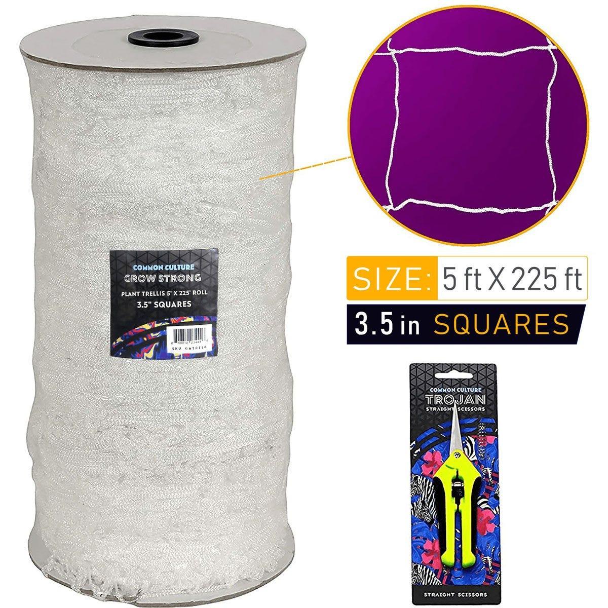 Common Culture Soft Mesh Nylon Trellis Netting Bulk Roll 5 ft x 225 ft w/ 3.5 in Squares + Trojan 2 Inch Straight Scissors.