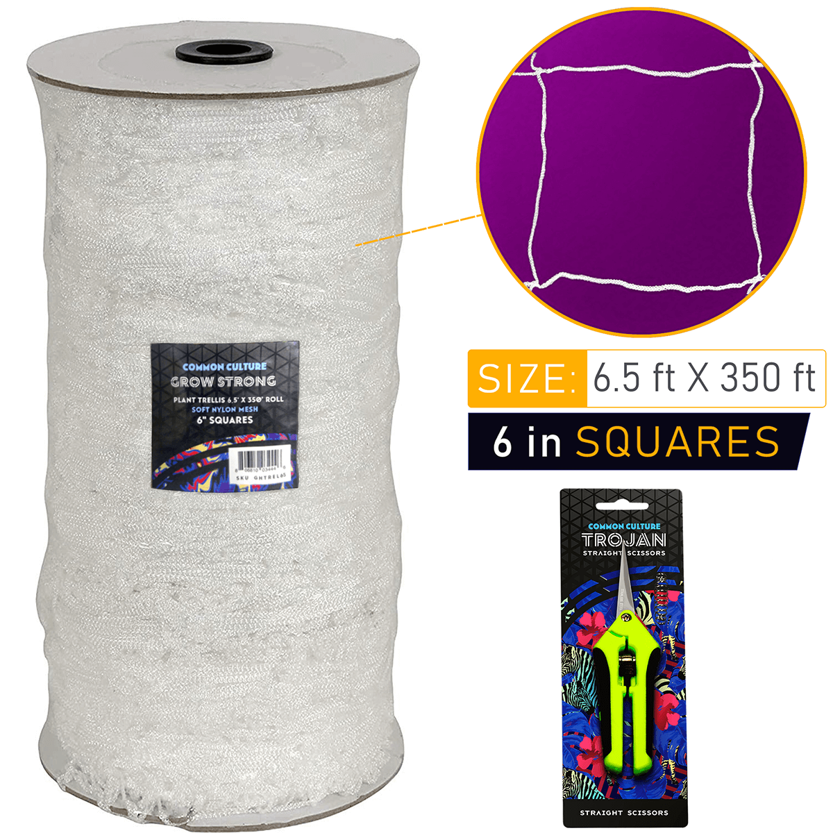 Common Culture Soft Mesh Nylon Trellis Netting Bulk Roll 6.5 ft x 350 ft w/ 6 in Squares + Trojan 2 Inch Straight Scissors.