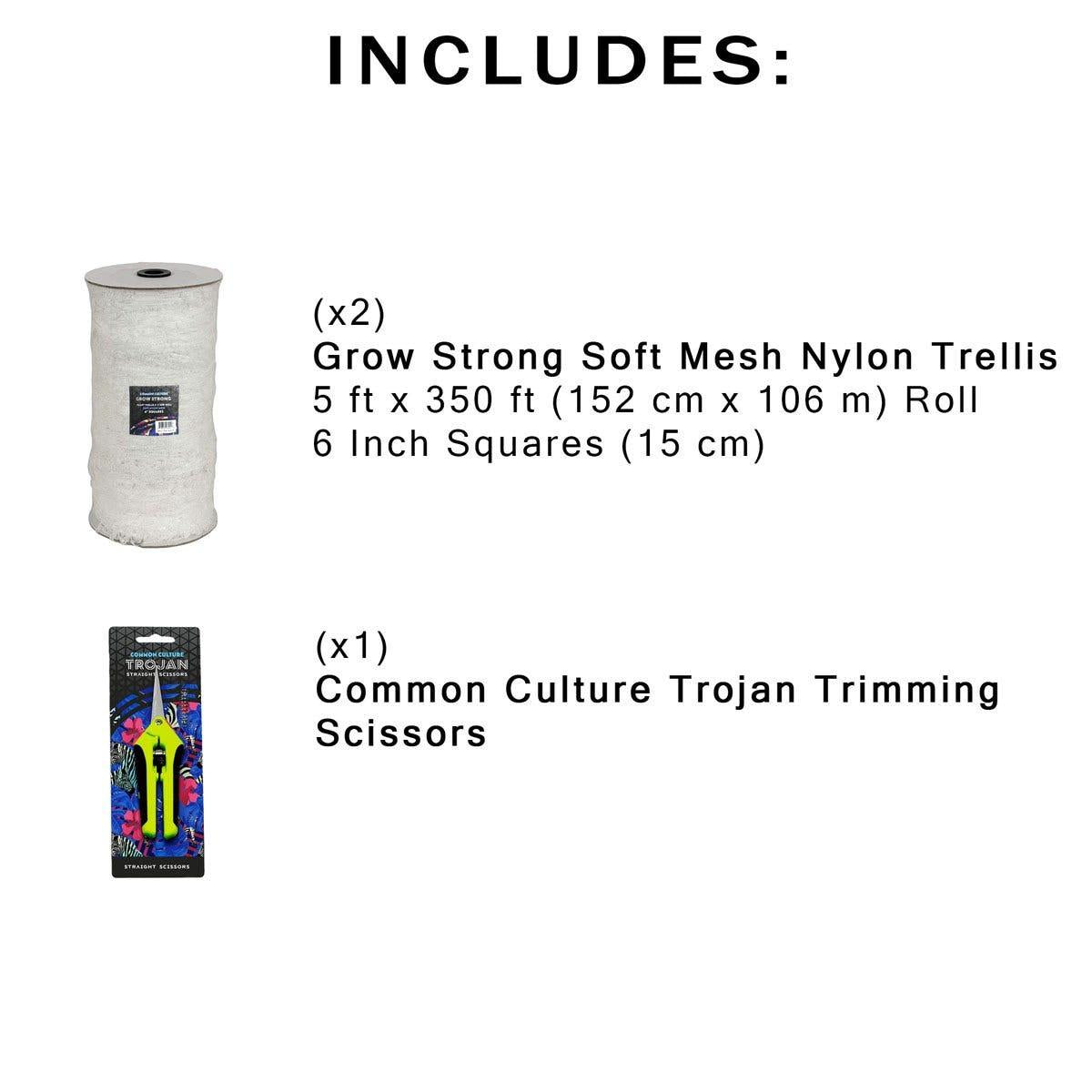 Common Culture Soft Mesh Nylon Trellis Netting Bulk Roll 5 ft x 350 ft w/ 6 in Squares + Trojan 2 Inch Straight Scissors.